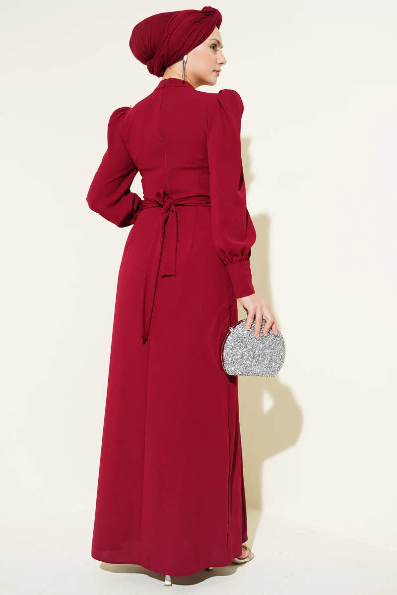Beaded Shoulder Belted Evening Dress Burgundy wholesale dress view 3 - Hicabistan Turkey factory