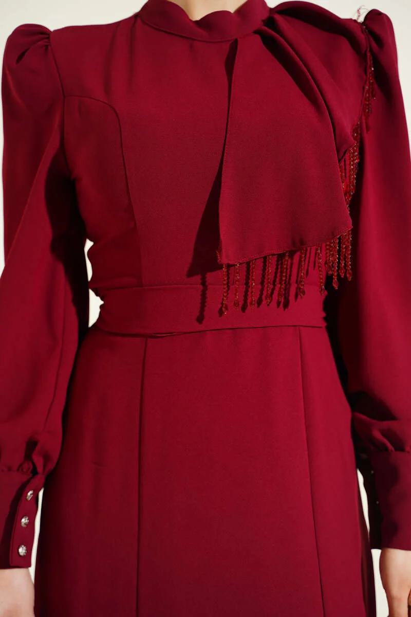 Beaded Shoulder Belted Evening Dress Burgundy wholesale dress view 4 - Hicabistan Turkey factory