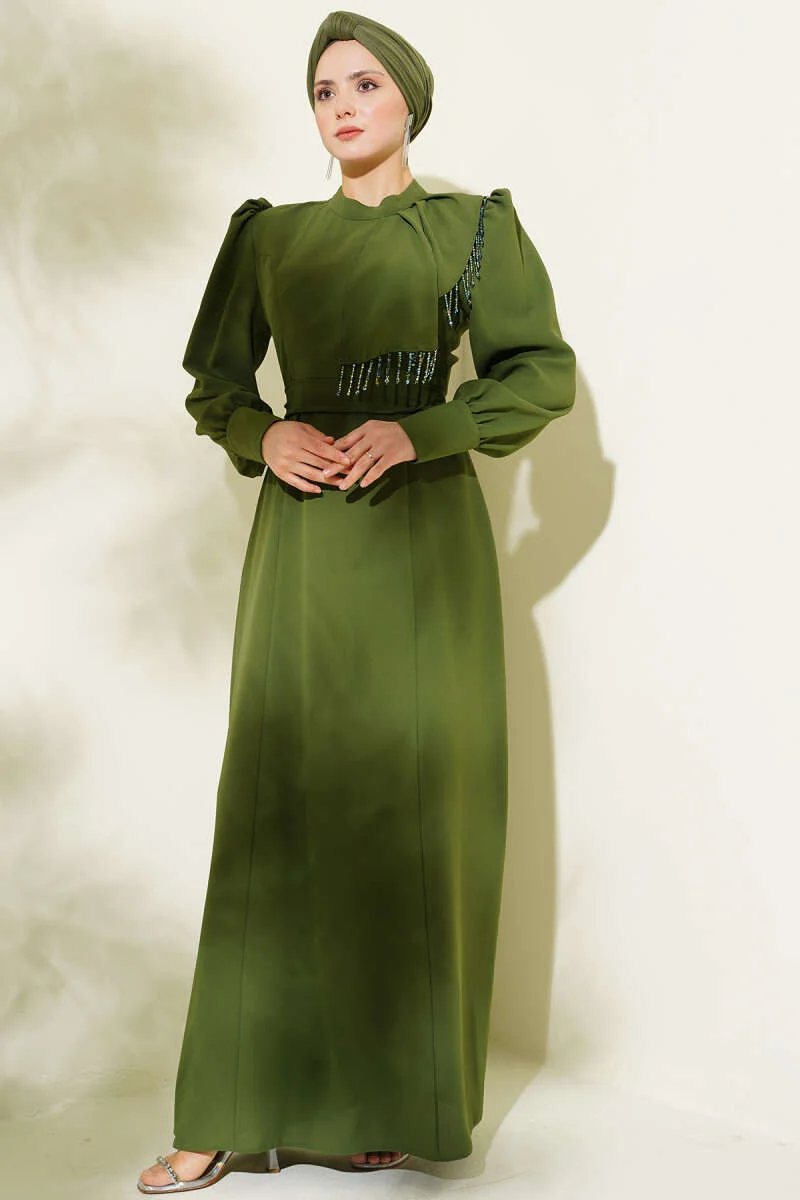 Beaded Shoulder Belted Evening Dress Khaki en gros dress - Hicabistan usine Turquie