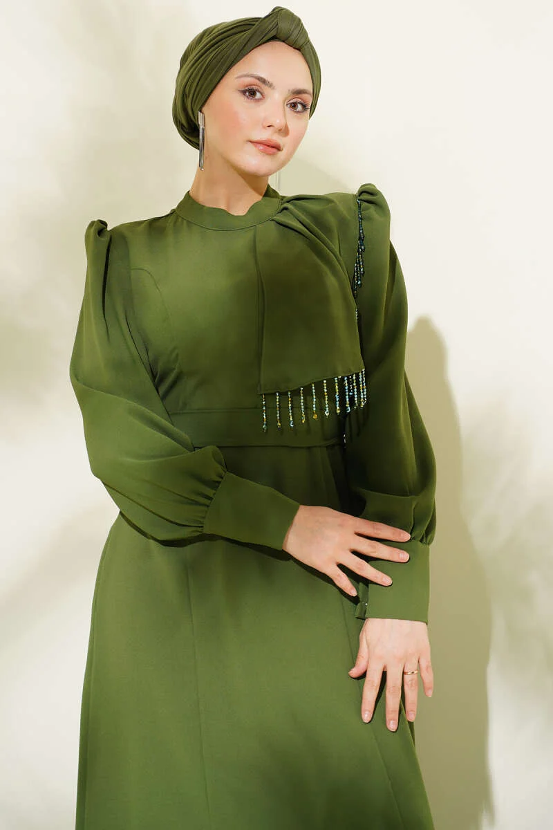 Beaded Shoulder Belted Evening Dress Khaki en gros dress view 2 - Hicabistan usine Turquie