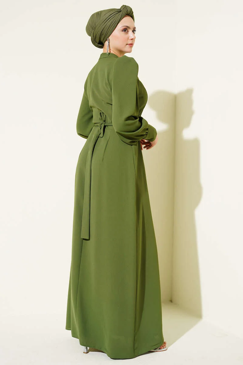 Beaded Shoulder Belted Evening Dress Khaki en gros dress view 3 - Hicabistan usine Turquie