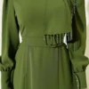 Beaded Shoulder Belted Evening Dress Khaki en gros dress view 4 - Hicabistan usine Turquie