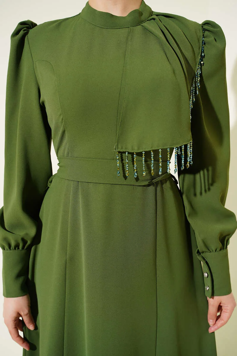 Beaded Shoulder Belted Evening Dress Khaki en gros dress view 4 - Hicabistan usine Turquie