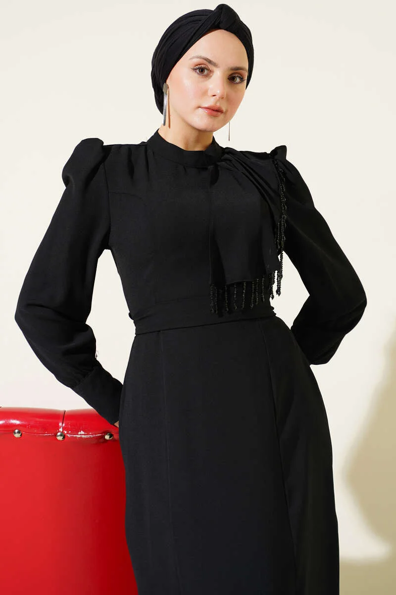 Beaded Shoulder Belted Evening Dress Black - Image 2