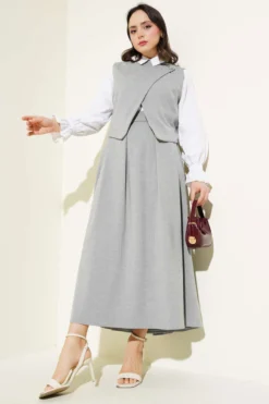 Shoulder Button Cross Vest Skirt Set Grey wholesale clothing set - Hicabistan Turkey factory