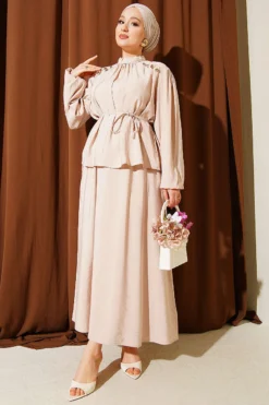 Shoulder Button Tie Waist Modal Skirt Set Beige