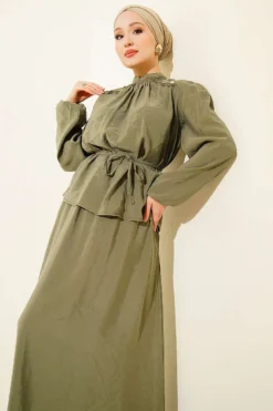 Alternative view of Shoulder Button Tie Waist Modal Skirt Set Khaki