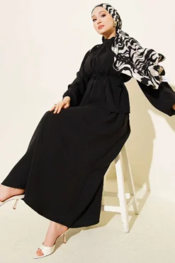 Shoulder Button Tie Waist Modal Skirt Set Black