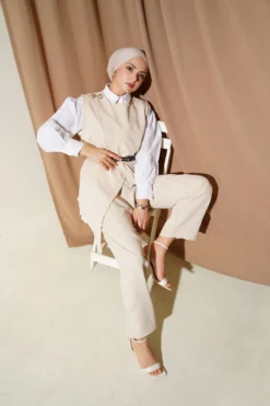 Shoulder Buttoned Belted Vest Two-Piece Set Beige wholesale clothing set - Hicabistan Turkey factory