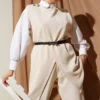 Shoulder Buttoned Belted Vest Two-Piece Set Beige groothandel clothing set view 2 - Hicabistan Turkije fabriek