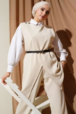 Shoulder Buttoned Belted Vest Two-Piece Set Beige wholesale clothing set view 2 - Hicabistan Turkey factory