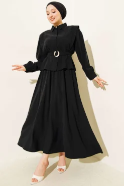 Shoulder Detail Belted Skirt Set Black wholesale clothing set - Hicabistan Turkey factory