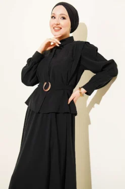 Shoulder Detail Belted Skirt Set Black wholesale clothing set view 2 - Hicabistan Turkey factory