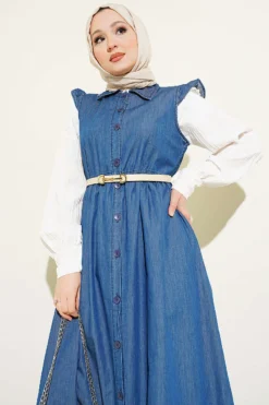 Shoulder Ruffle Detail Dress Blue wholesale dress view 2 - Hicabistan Turkey factory