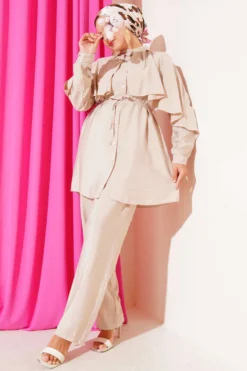 Shoulder Ruffle Cape Two-Piece Set Beige