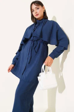 Alternative view of Shoulder Ruffle Cape Two-Piece Set Navy Blue