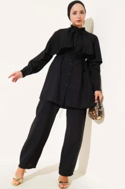 Shoulder Ruffle Cape Two-Piece Set Black