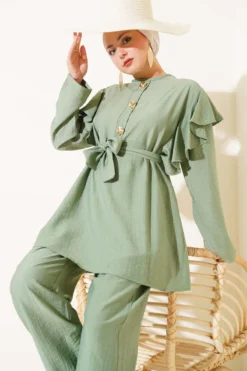 Alternative view of Shoulder Ruffled Gold Button Two-Piece Set Gold