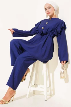 Shoulder Ruffled Gold Button Two-Piece Set Navy Blue
