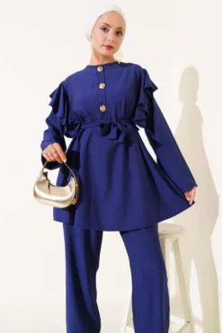 Alternative view of Shoulder Ruffled Gold Button Two-Piece Set Navy Blue