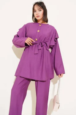 Alternative view of Shoulder Ruffled Gold Button Two-Piece Set Gold