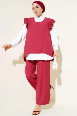 Ruffled Shoulder Sweater Three-Piece Set Burgundy wholesale clothing set - Hicabistan Turkey factory