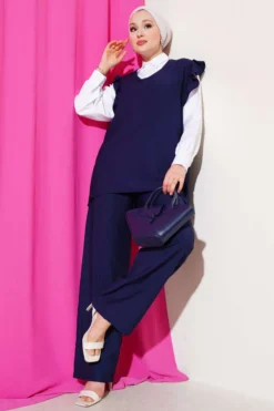 Ruffled Shoulder Sweater Three-Piece Set Navy Blue en gros clothing set - Hicabistan usine Turquie
