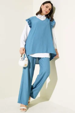 Ruffled Shoulder Sweater Three-Piece Set Blue wholesale clothing set - Hicabistan Turkey factory