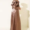 Shoulder Ruffled Satin Evening Dress Brown Großhandel dress view 3 - Hicabistan Türkei Fabrik
