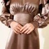 Shoulder Ruffled Satin Evening Dress Brown Großhandel dress view 4 - Hicabistan Türkei Fabrik