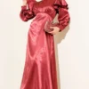 Shoulder Ruffled Satin Evening Dress Burgundy