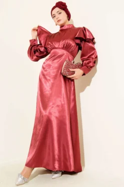 Shoulder Ruffled Satin Evening Dress Burgundy en gros dress - Hicabistan usine Turquie