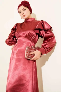 Shoulder Ruffled Satin Evening Dress Burgundy en gros dress view 2 - Hicabistan usine Turquie