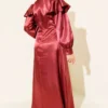 Shoulder Ruffled Satin Evening Dress Burgundy en gros dress view 3 - Hicabistan usine Turquie