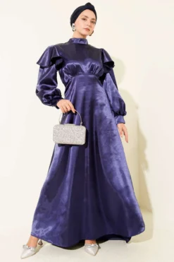 Shoulder Ruffled Satin Evening Dress Navy Blue en gros dress - Hicabistan usine Turquie