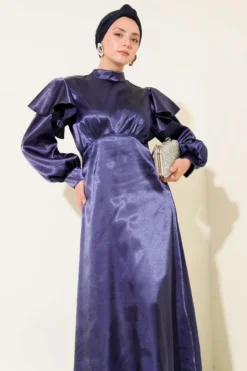 Shoulder Ruffled Satin Evening Dress Navy Blue en gros dress view 2 - Hicabistan usine Turquie