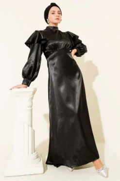 Shoulder Ruffled Satin Evening Dress Black en gros dress - Hicabistan usine Turquie