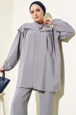 Ruffled Shoulder Tencel Tunic Set Grey wholesale clothing set view 2 - Hicabistan Turkey factory