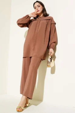 Ruffled Shoulder Tencel Tunic Set Brown wholesale clothing set - Hicabistan Turkey factory