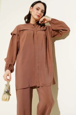 Ruffled Shoulder Tencel Tunic Set Brown wholesale clothing set view 2 - Hicabistan Turkey factory