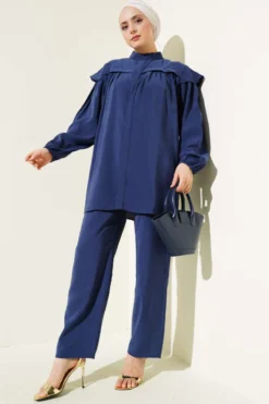 Ruffled Shoulder Tencel Tunic Set Navy Blue wholesale clothing set - Hicabistan Turkey factory