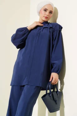 Ruffled Shoulder Tencel Tunic Set Navy Blue wholesale clothing set view 2 - Hicabistan Turkey factory