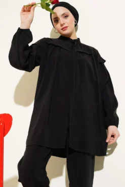 Ruffled Shoulder Tencel Tunic Set Black wholesale clothing set view 2 - Hicabistan Turkey factory