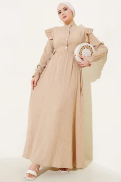 Shoulder Ruffled Side Tie Dress Beige