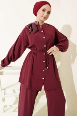Alternative view of Shoulder Scarf Waist Elastic Modal Two-Piece Set Burgundy