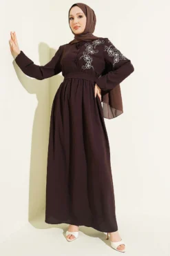 Shoulder Floral Embroidered Button Dress Brown en gros dress - Hicabistan usine Turquie