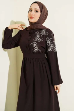 Shoulder Floral Embroidered Button Dress Brown en gros dress view 2 - Hicabistan usine Turquie