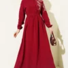 Shoulder Floral Embroidered Button Dress Burgundy Großhandel dress - Hicabistan Türkei Fabrik