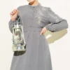 Shoulder Floral Embroidered Button Dress Grey al por mayor dress view 2 - Hicabistan fábrica Turquía