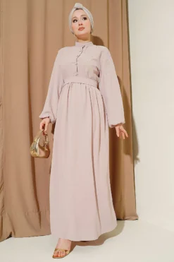 Shoulder Floral Embroidered Button Dress Powder Pink en gros dress - Hicabistan usine Turquie